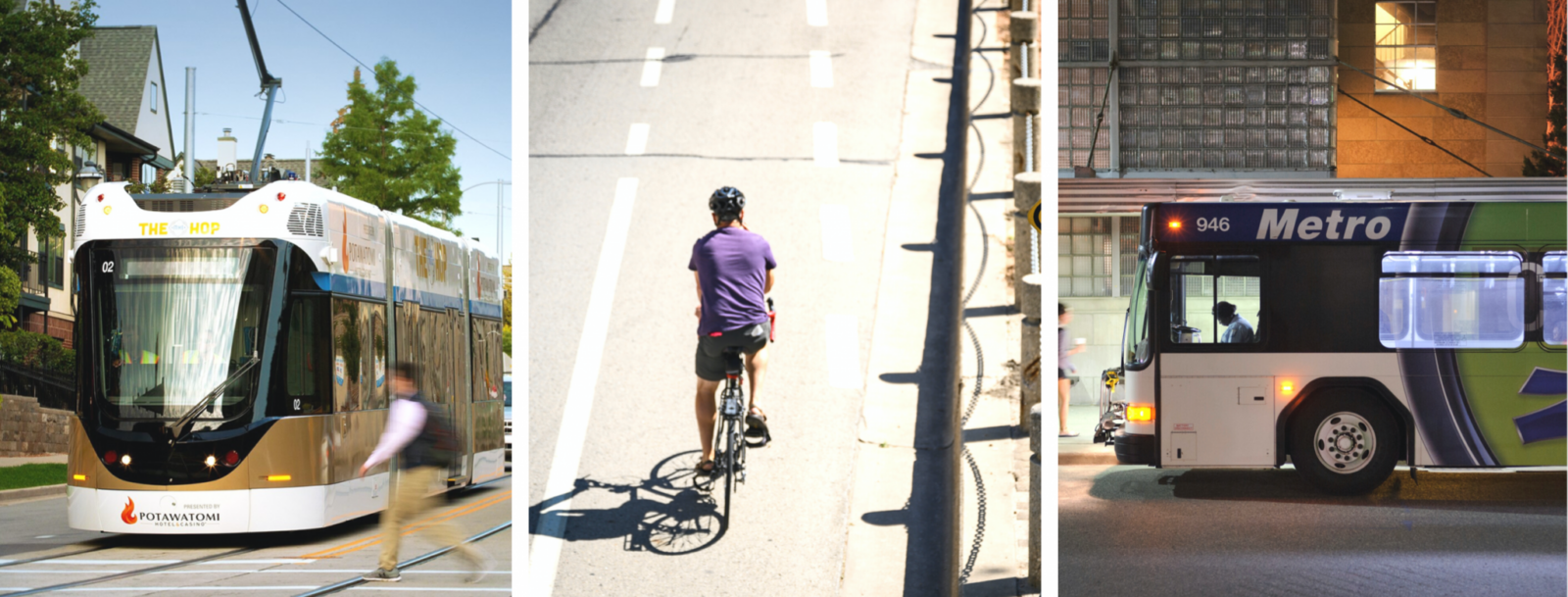 3 separate images. A streetcar, a man on a bike, and a city bus.