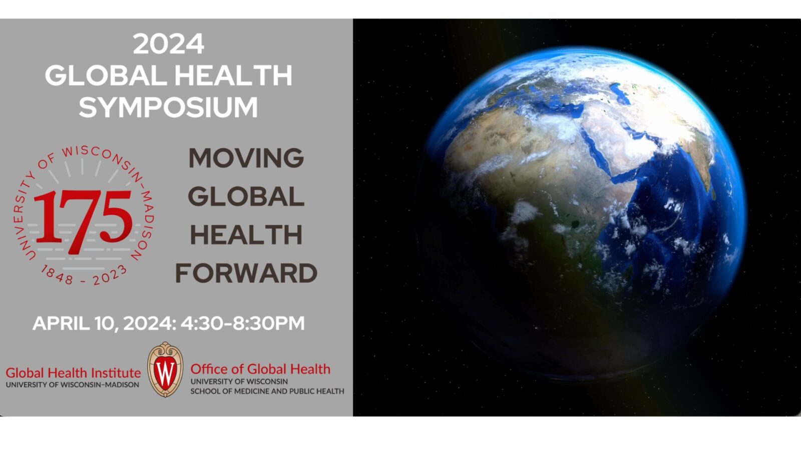 graphic of the 2024 Global Health Symposium at UW madison with a globe, 175 logo, uw logo and text in red, white, and black