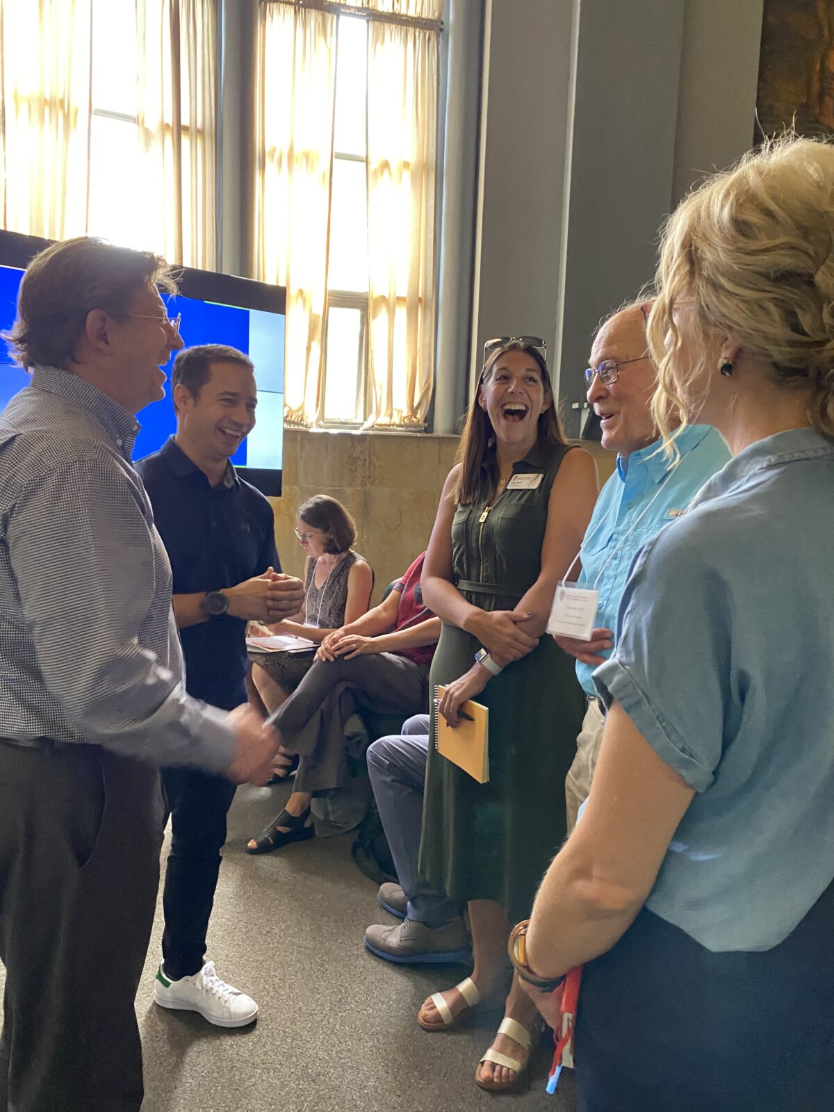 UNAL Medellín Vice Chancellor Juan Camilo Restrepo, Juan Pablo Hernandez Ortiz, Nikki Davis, Tom Yuill, and Calyn Ostrowski have a conversation at Faculty of Mines, Sept 2023