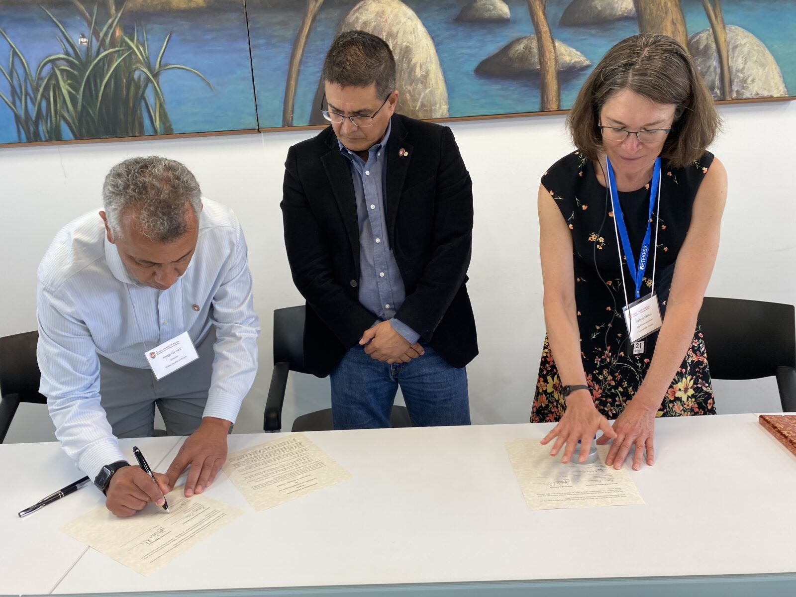 MOU signing with UW Madison GHI Jorge Osorio, UdeA Chancellor John Jairo Arboleda Cespedes, and UW Madison Vice Provost & International Division Dean Frances Vavrus, Sept 2023