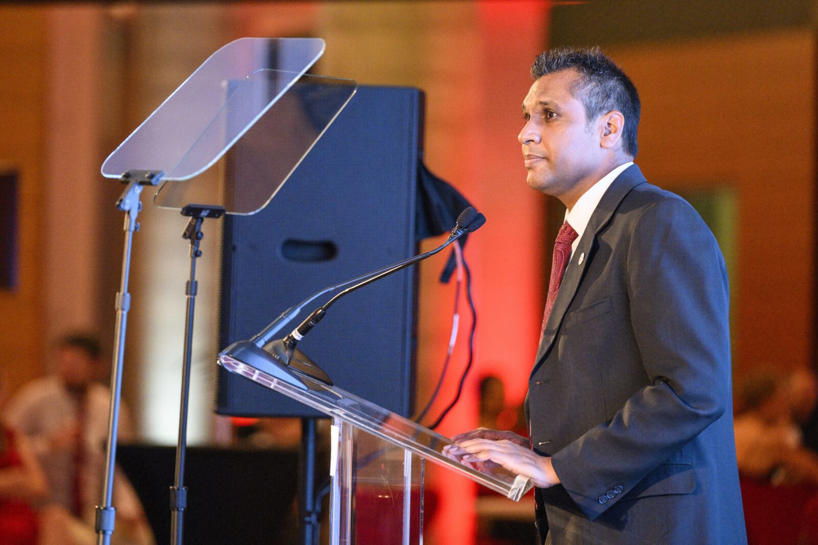 Krishanu Saha, speaks during the 175th anniversary gala entitled “By the Light of the Moon:175 Luminous Years of the University of Wisconsin” at the Discovery Building at University of Wisconsin–Madison on Oct. 27, 2023. (Photo by Althea Dotzour / UW–Madison)