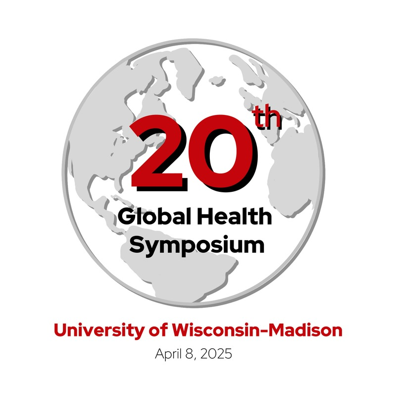 20th global health symposium logo with red and black text with a grey globe