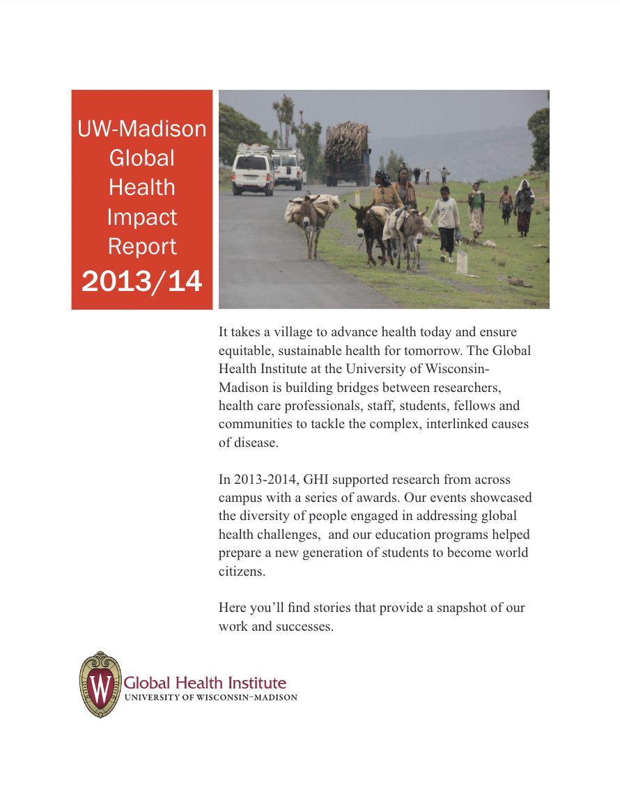 2013-14 GHI Annual Report, white & black text on a white background with red rectangle box, GHI logo and photo of people and donkeys outside walking