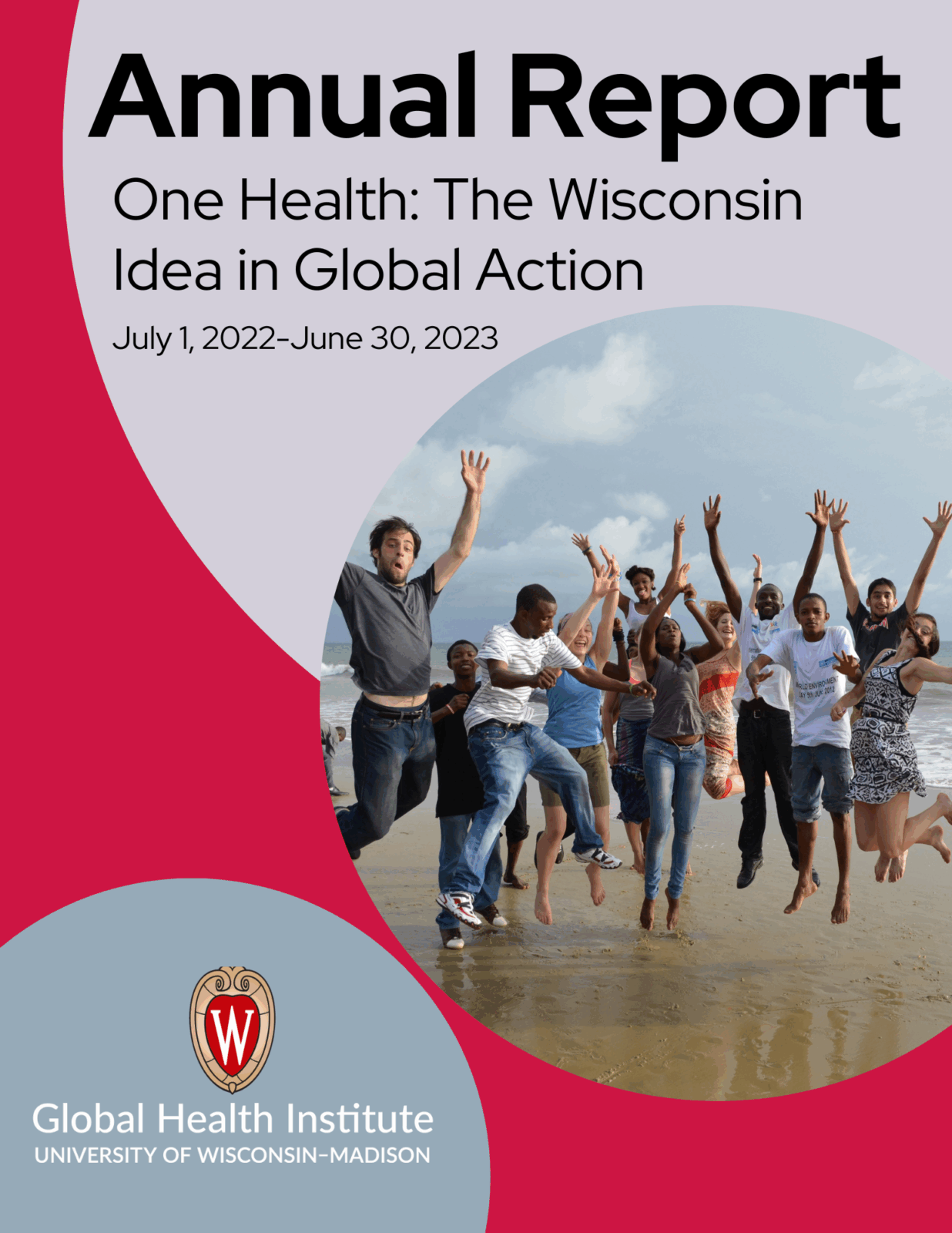 Cover of 2022-2023 Annual Report, Red background with grey circles and photo of people jumping while on a beach