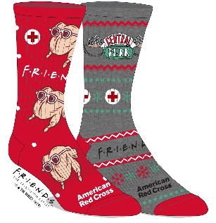 November 2024; red and grey socks with friends logo and graphics