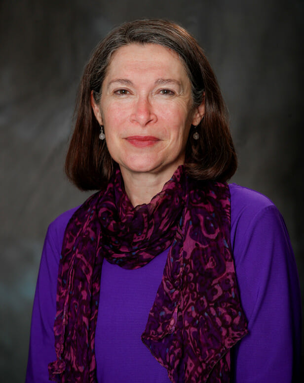 June 2024, Headshot of Frances Vavrus, Vice Provost at UW–Madison; woman with dark hair wearing a purple shirt with a red and black scarf against a grey backdrop