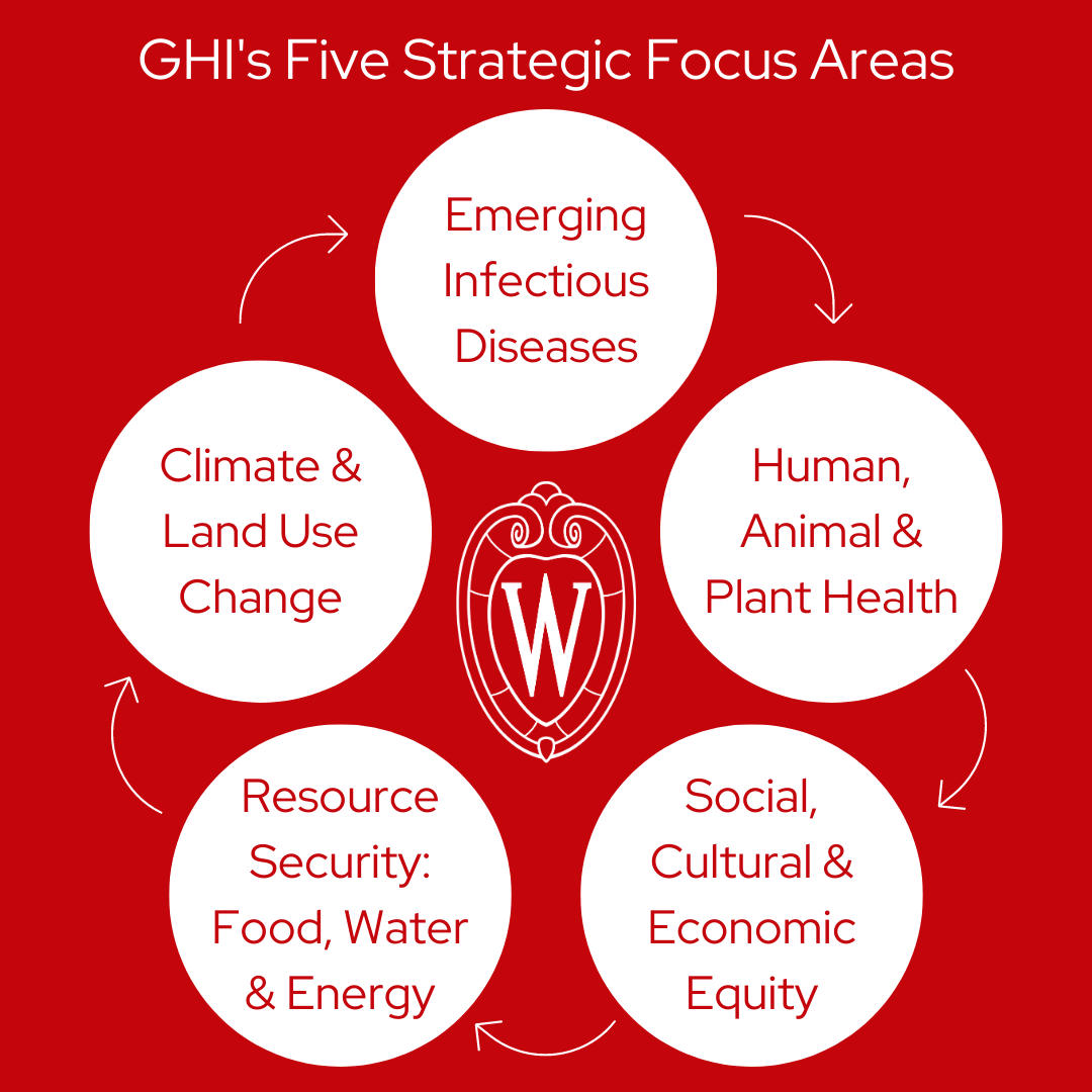 graphic of GHI's five strategic Focus Areas; a red background with white and red text, five white circles, a white UW logo and five curved arrows