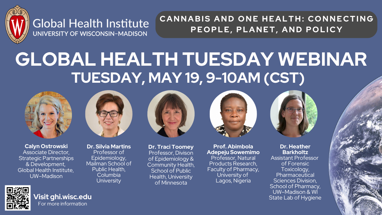 Graphic of UW–Madison's GHI May 2026 webinar graphic with a blue background five circles with women's headshots, a globe and white text