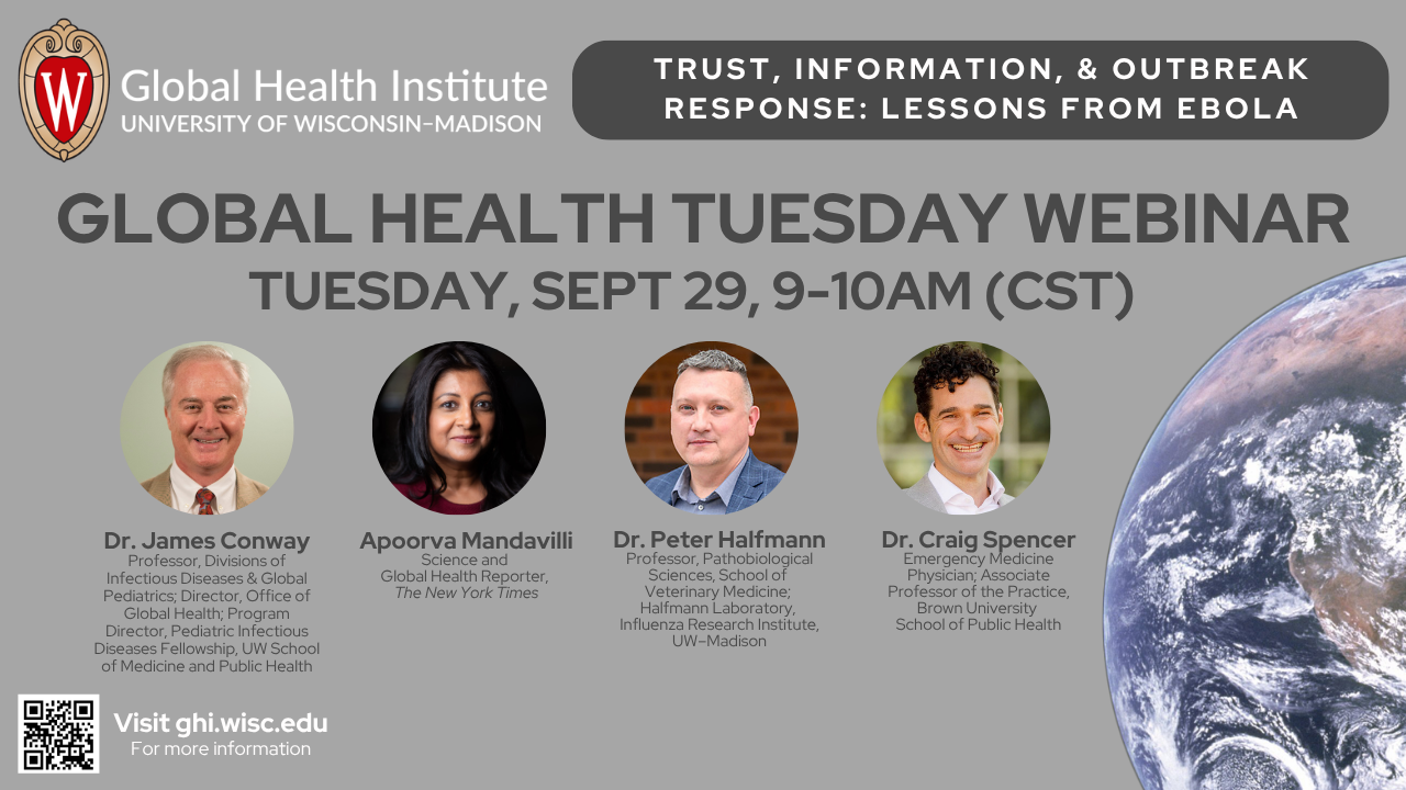 Graphic for UW GHI's global health Tuesday Webinar on 9/29. Features four circles with headshots of people and a globe 