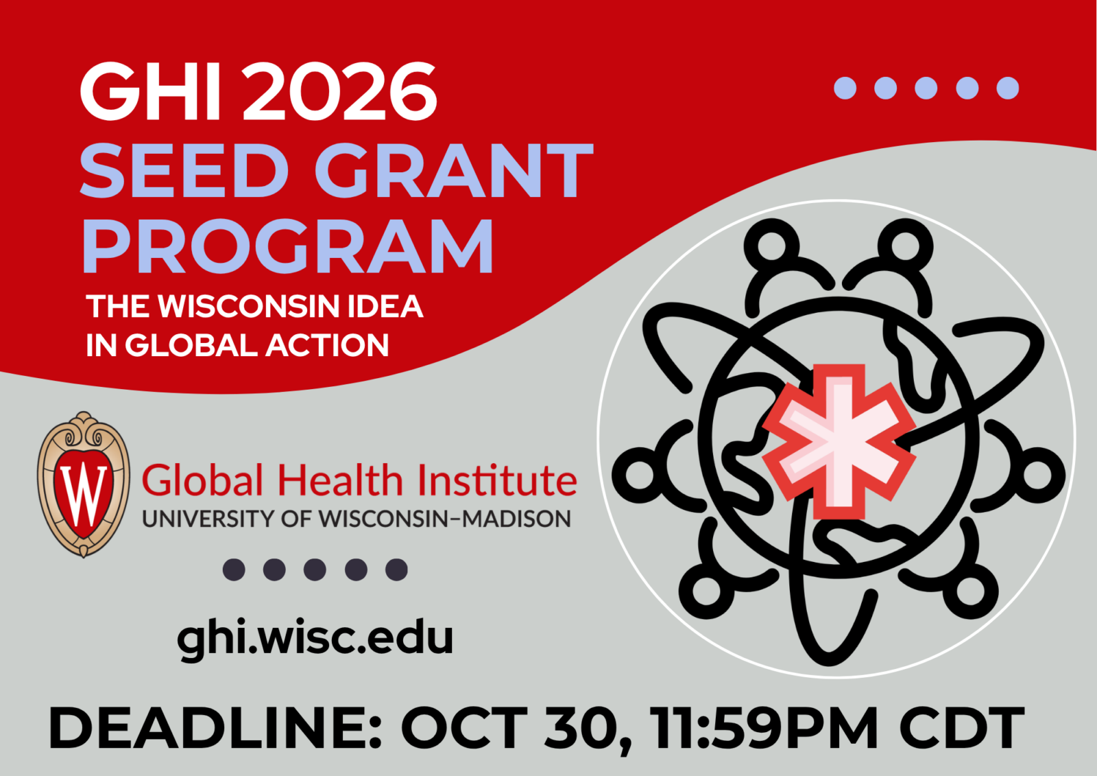 red and khaki graphic for GHI 2026 Seed Grant Program with white, black and read text with a globe with red & white star in the middle and outlined people graphic on the right