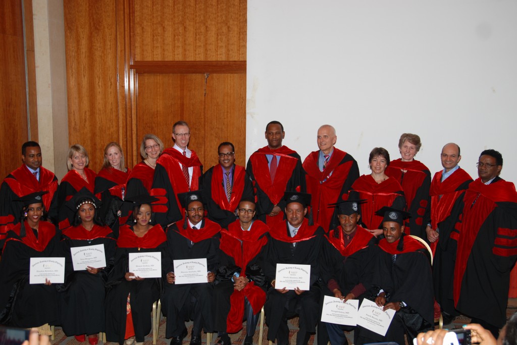 Seven doctors graduated from Ethiopia’s first family medicine residency program on February 4, 2016, in Addis Ababa, Ethiopia. Graduates holding diplomas in the first row include, left to right, Elnathan Kebebew, Sena Dhugasa, Meseret Zerihun, Murutse Atsebaha, Assefa Alamirew, Assegid Geleta, and Assefa Beyene.