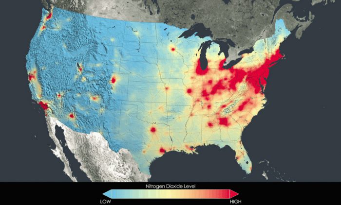 Nitrogen dioxide pollution, as detected by NASA's Aura satellite, has decreased across the United States. Blue and green denotes lower concentrations and orange and red areas denote higher concentrations. (Image by NASA Goddard's Scientific Visualization Studeio/T. Schindler.)