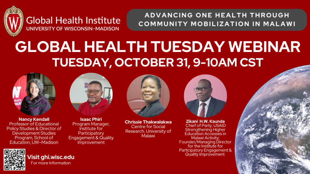 graphic for October 2024 Webinar; red background with four photos and a globe