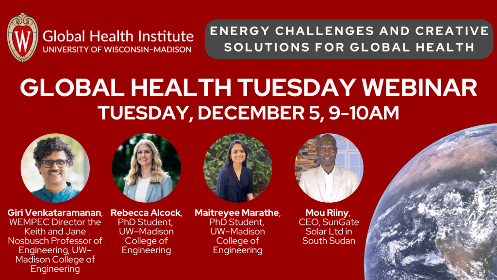 December 2024 graphic for UW GHI webinar; red background with white text, four photos in circles and a globe