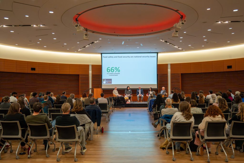 Photo from 2026 Global Health Symposium at the Discovery Building; back of room shot of full screen, five panelists on stage, and crowd sitting in chairs