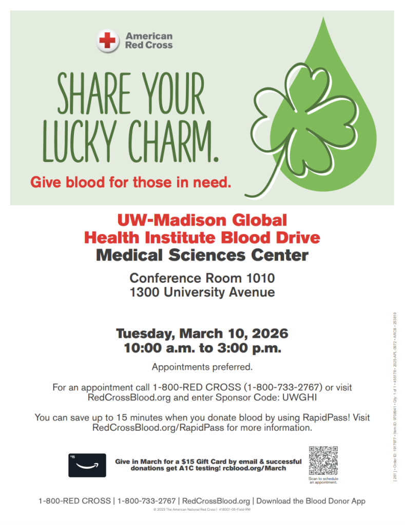red cross blood drive poster for uw-madison global health institute blood drive on tuesday march 10, 2026, from 10am to 3pm